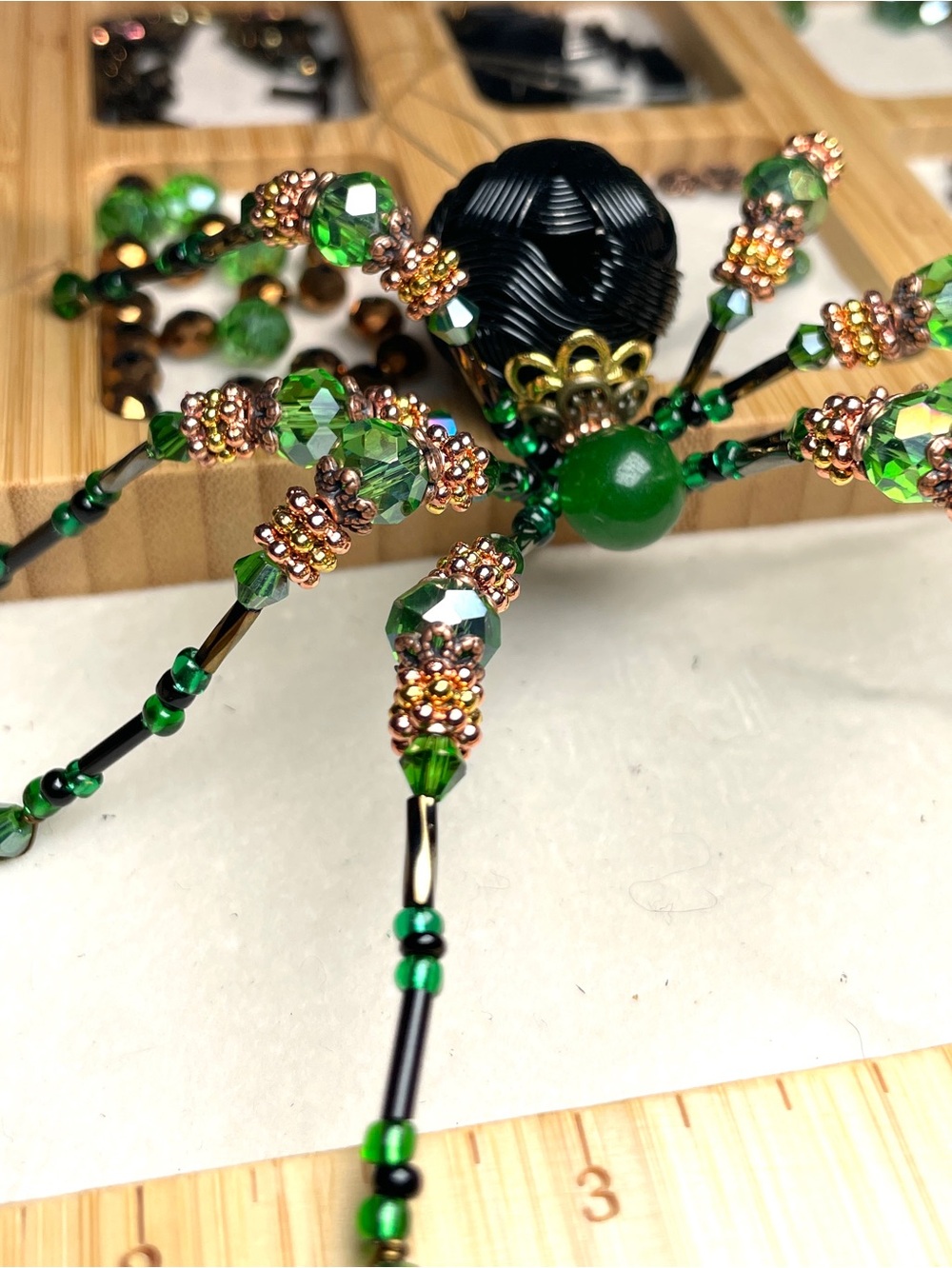 Artisan Made | Green Jade | Black Crystal Beaded Spider | Halloween Ornament - Picture 14 of 14